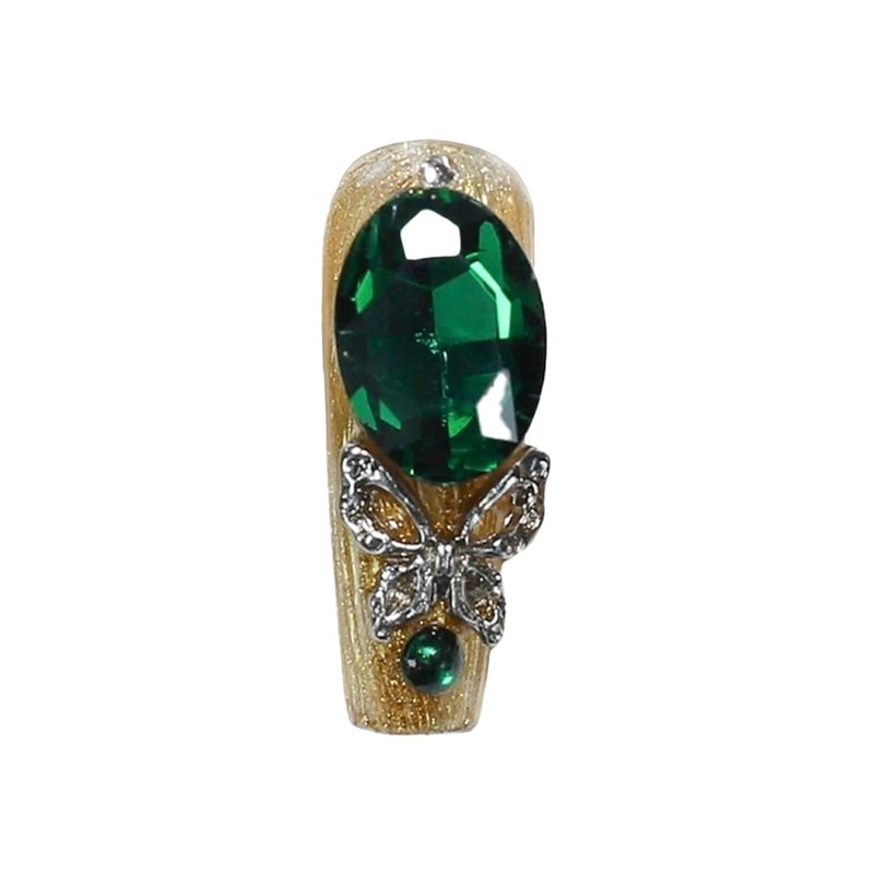 Emerald Green Press-On Nails Set - Dramatic Butterfly Design with Rhinestones | Easy Application & Gentle on Nails