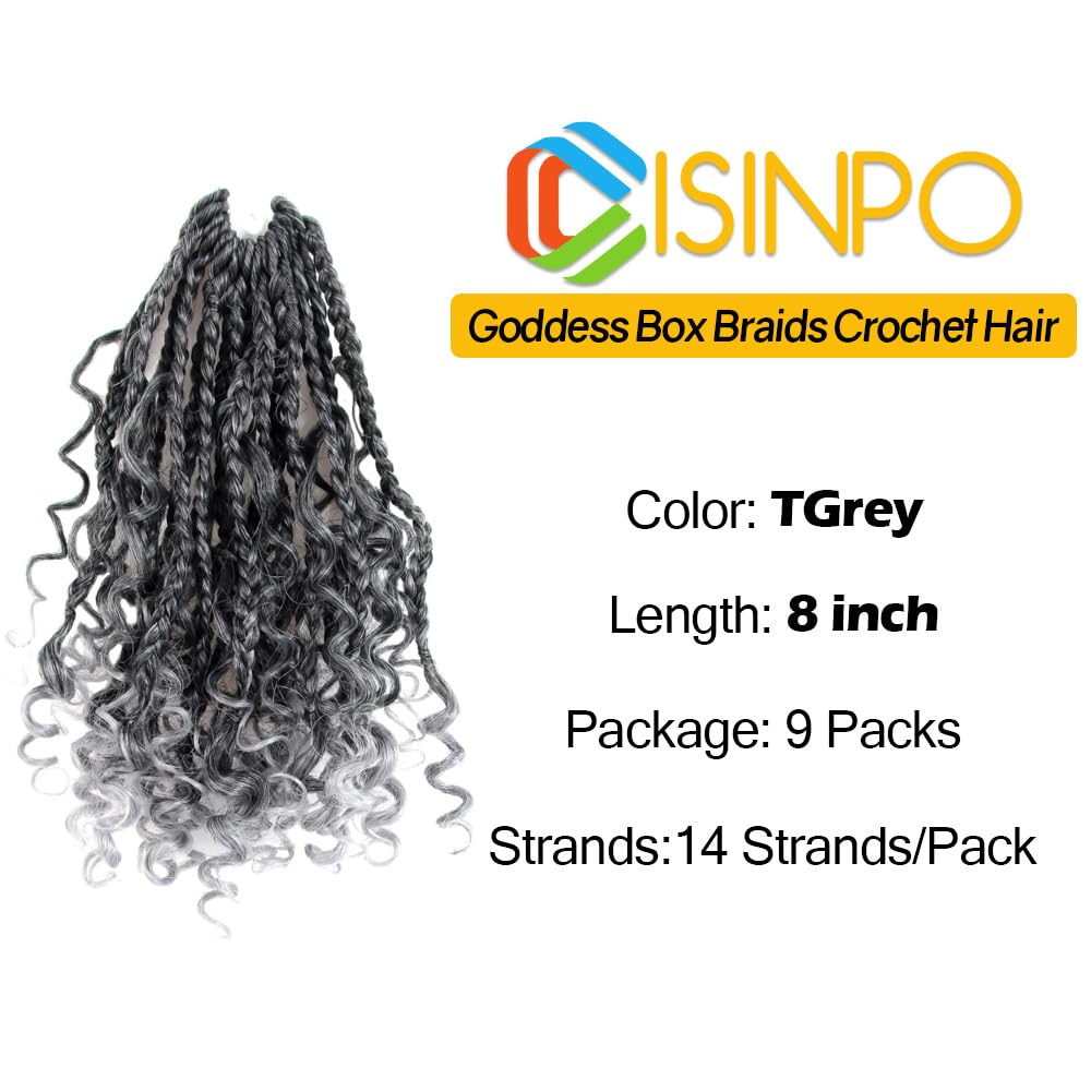 CISINPO 9 Packs Goddess Box Braids Crochet Hair 8 Inch Boho Box Braids with Curly Ends Synthetic Hair Extensions, TGrey/Ombre Gray