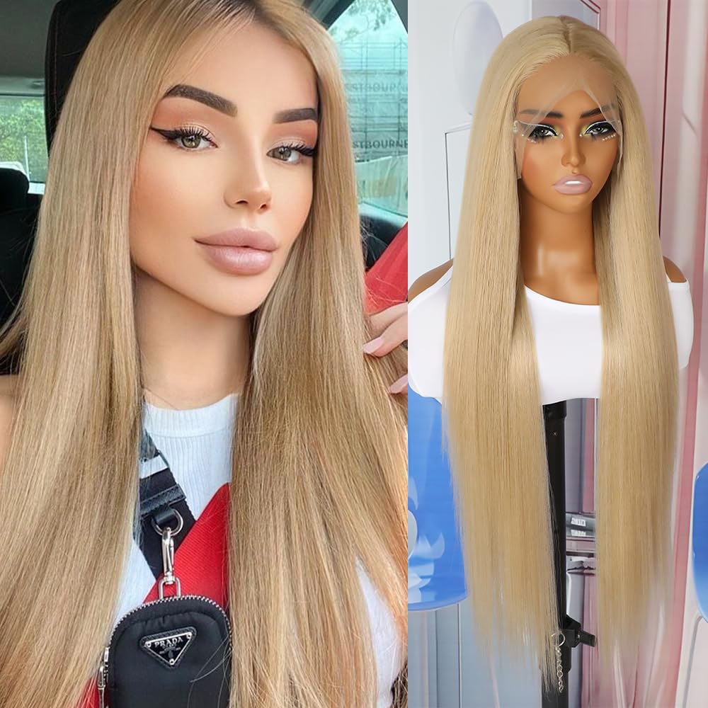 QD-Tizer Ash Blonde Synthetic Hair Wigs Long Straight Hair Mixed Platinum Blonde Color Natural HairLine Heat Resistant Fiber Hair Wigs for Fashion Women 32Inch