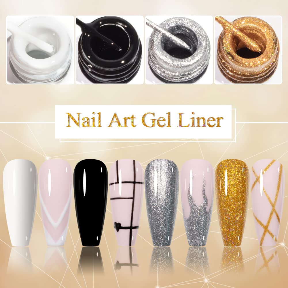 MIZHSE Gel Liner Nail Art Paint Set - 4 Pcs Glitter Silver & Gold for Stunning French Designs | Soak Off Manicure