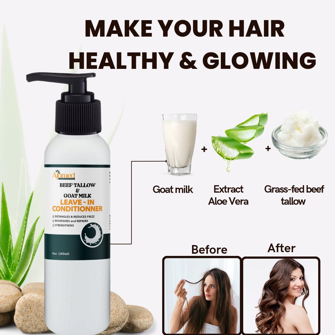 Beef Tallow & Goat Milk Leave-In Conditioner - Handmade Hair Detangler for Anti-Frizz & Dreadlocks | 12 Fl Oz
