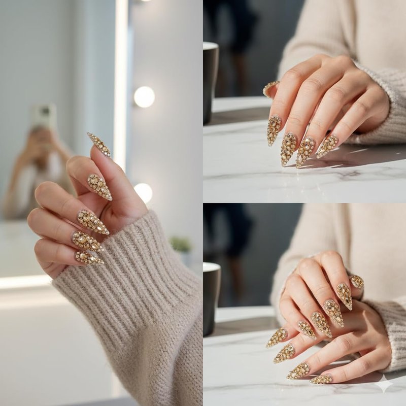 Luxury Gems Handmade Gold Stiletto Press-On Nails - 3D Rhinestone Full Cover Acrylic Nail Kit | Reusable, Gorgeous Design, Size L