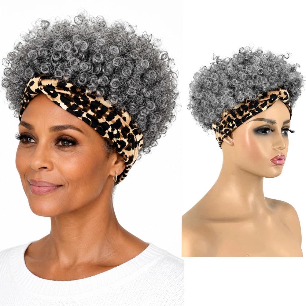 Allyreetress Salt and Pepper Headband Wig Short Curly Wigs with Headbands Attached for Black Women Synthitic Kinky Curly Afro Puff No Drawstring Wig Headwrap Hairstyles With 2 Clips(T1B/Grey)