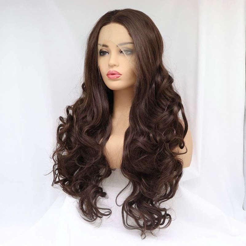 RainaHair Brown Long Body Wave Lace Front Wigs Synthetic Realistic Soft Wig Heat Resistant Daily Wear Replacement 180 Density 24 Inch