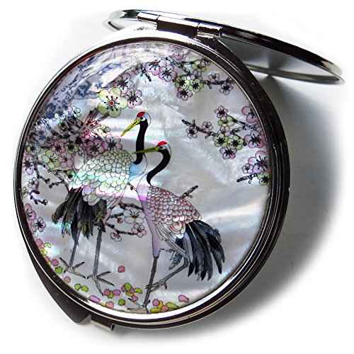 MADDesign Mother of Pearl Compact Mirror Round Double Sided Folding Magnify Crane Apricot Tree Design