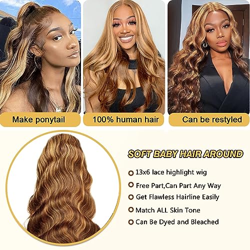 200% Density Highlight Ombre Lace Front Wig Human Hair Body Wave 13x6 Full Lace Frontal Wigs Pre Plucked P4/27 Honey Blonde Brown Colored Lace Frontal Wigs for Women