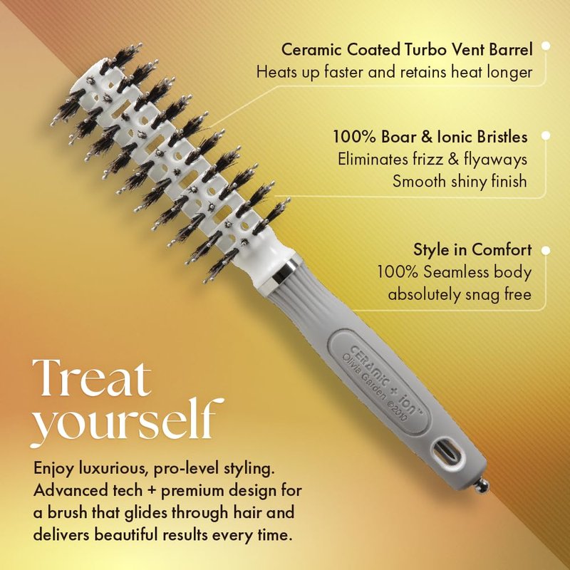 Olivia Garden Ceramic + Ion Turbo Vent Combo Hair Brush - Not Electrical - Ionic and 100% Boar Bristles - Professional Round Blowout Brush for Normal to Thick Hair