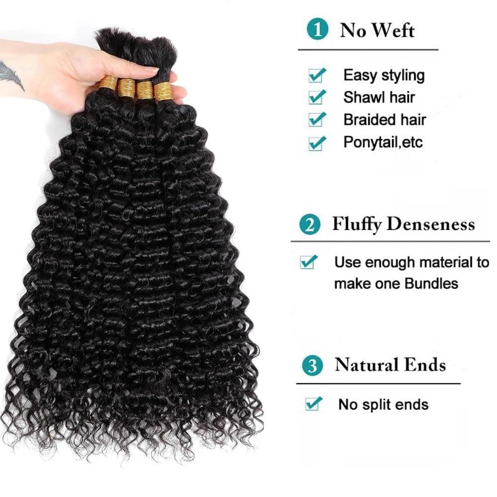 20 Inch Human Braiding Hair for Boho Braids 2 Bundle 100g Deep Wave Bulk Human Hair for Braiding No Weft 12A Brazilian Virgin Curly Human Hair Extensions for Boho Braids