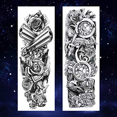 4 Sheets Black Full Arm Flower Clock Mask Rose Gun Cross Body Art Temporary Tattoo Stickers