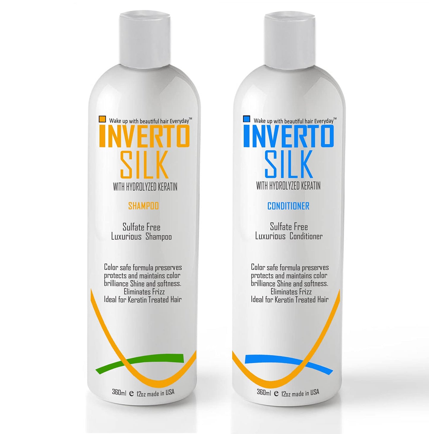 Keratin Shampoo Set For Frizzy Damaged And Color Treated hair INVERTO SILK Luxurious Sulfate Free Shampoo and Conditioner Two Bottles Value Set 2 x 360ml Protect Hair Color Eliminate Frizz