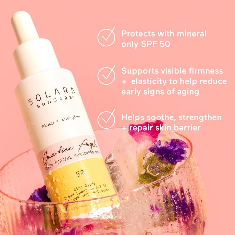 Solara Suncare - Guardian Angel Super Peptide Sunscreen Milk, SPF 50 | EWG Verified, Vegan, Cruelty Free, Reef friendly | Plump+Energize | Zinc Oxide Helps Fight UVA, UVB, Pollution (1 fl oz | 30 ml)