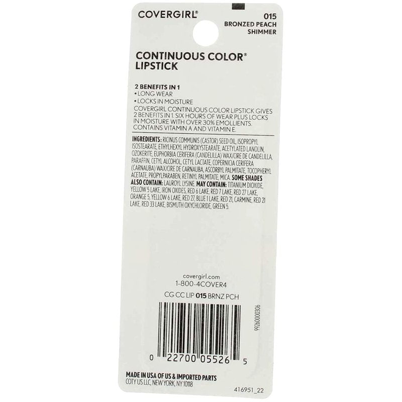 CoverGirl Continuous Color Lipstick - Bronzed Peach | Long-Lasting, Moisturizing Formula, 0.13 oz (Pack of 3)