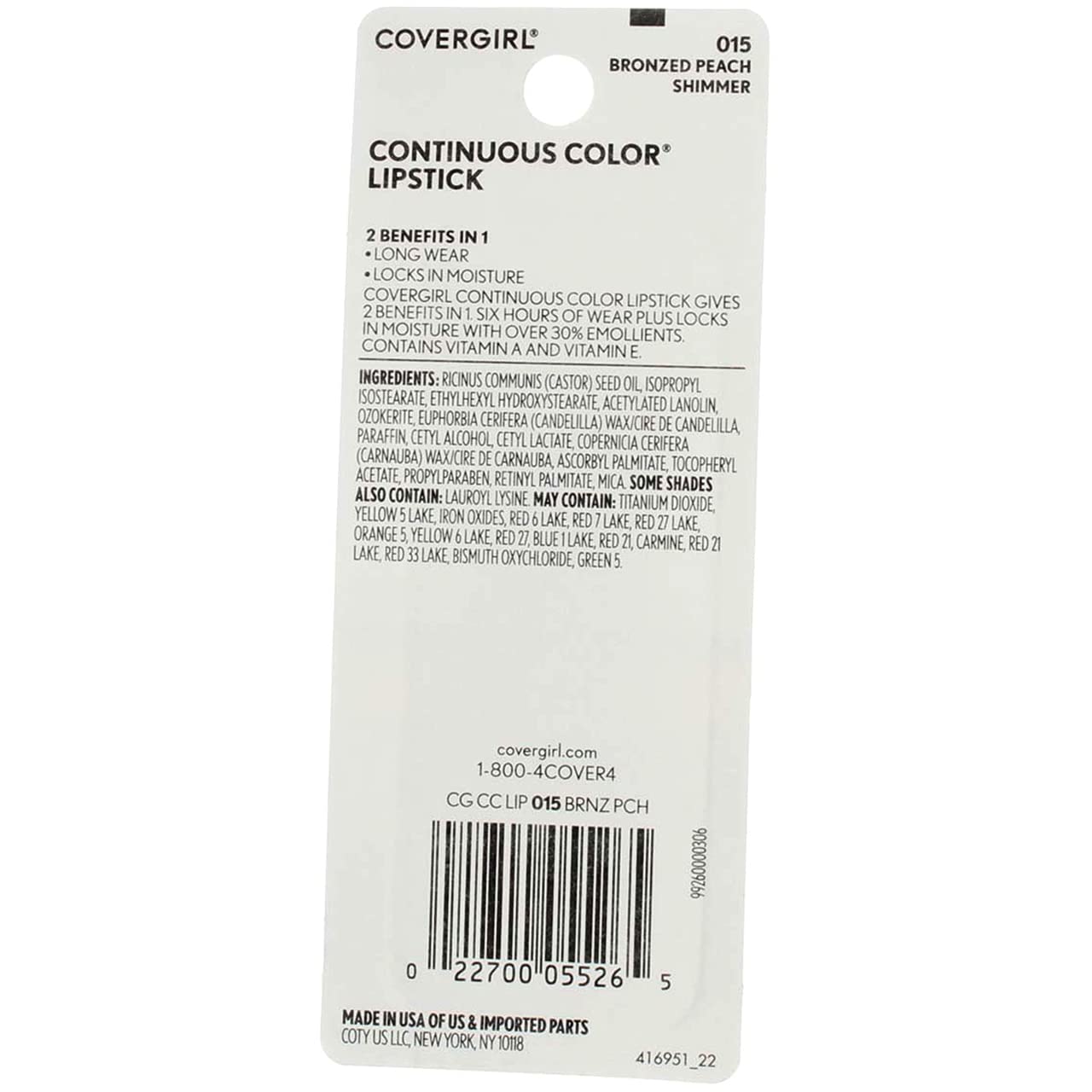 COVERGIRL Continuous Color Lipstick, Bronzed Peach [015], 13 Ounce