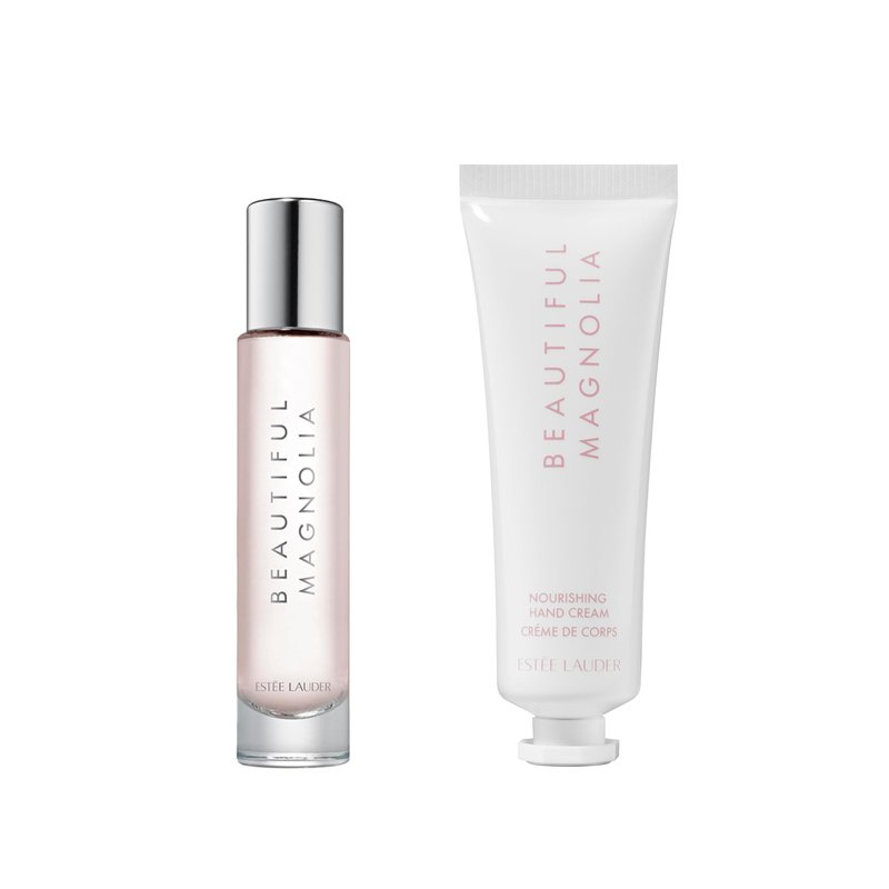 Estée Lauder Beautiful Magnolia Travel Set with Eau de Parfum Spray 0.34 Fl Oz + Moisturizing Hand Cream 1 Ounce with Notes of Lush Magnolia, Solar Gardenia, Warm Woods & Luminous Musk, 1.0 Ounce