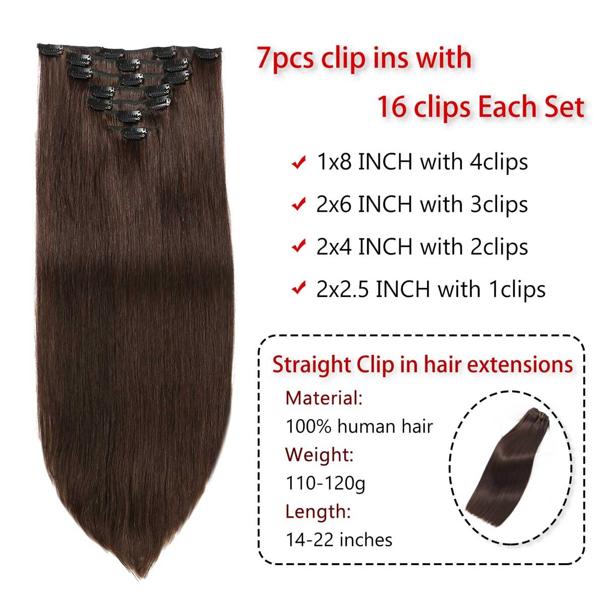 Clip in Hair Extensions Real Human Hair Straight 7pcs 110g Clip ins Hair Extensions Brazilian Remy Human Hair 16 Clips Double Weft Human Hair For Women (14 Inch, #2 Dark Brown)