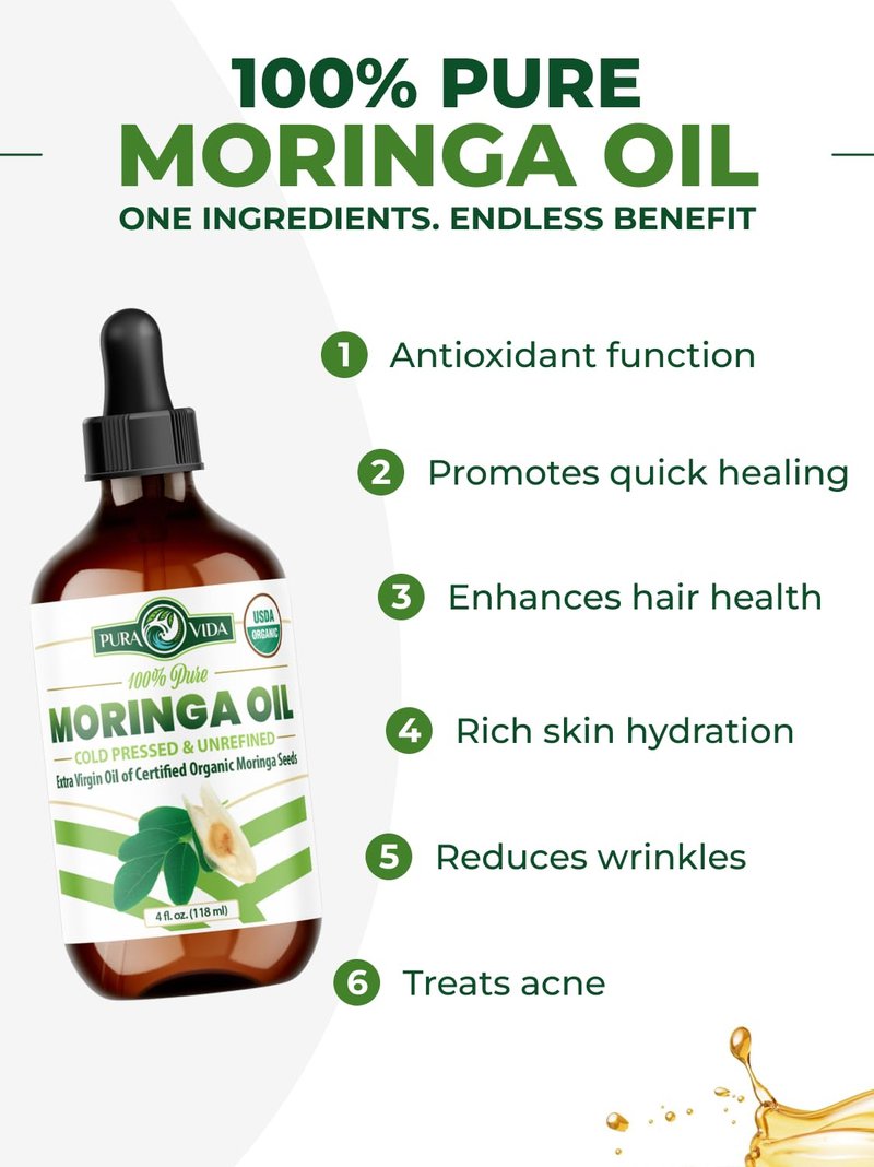 100% Pure Moringa Oil Organic for Face, Hair, Nails and Dry Skin - USDA Certified Single Origin Moringa Oleifera Seeds Extract - 3rd Party Tested, Cold Pressed & Unrefined Organic Moringa Seed Oil