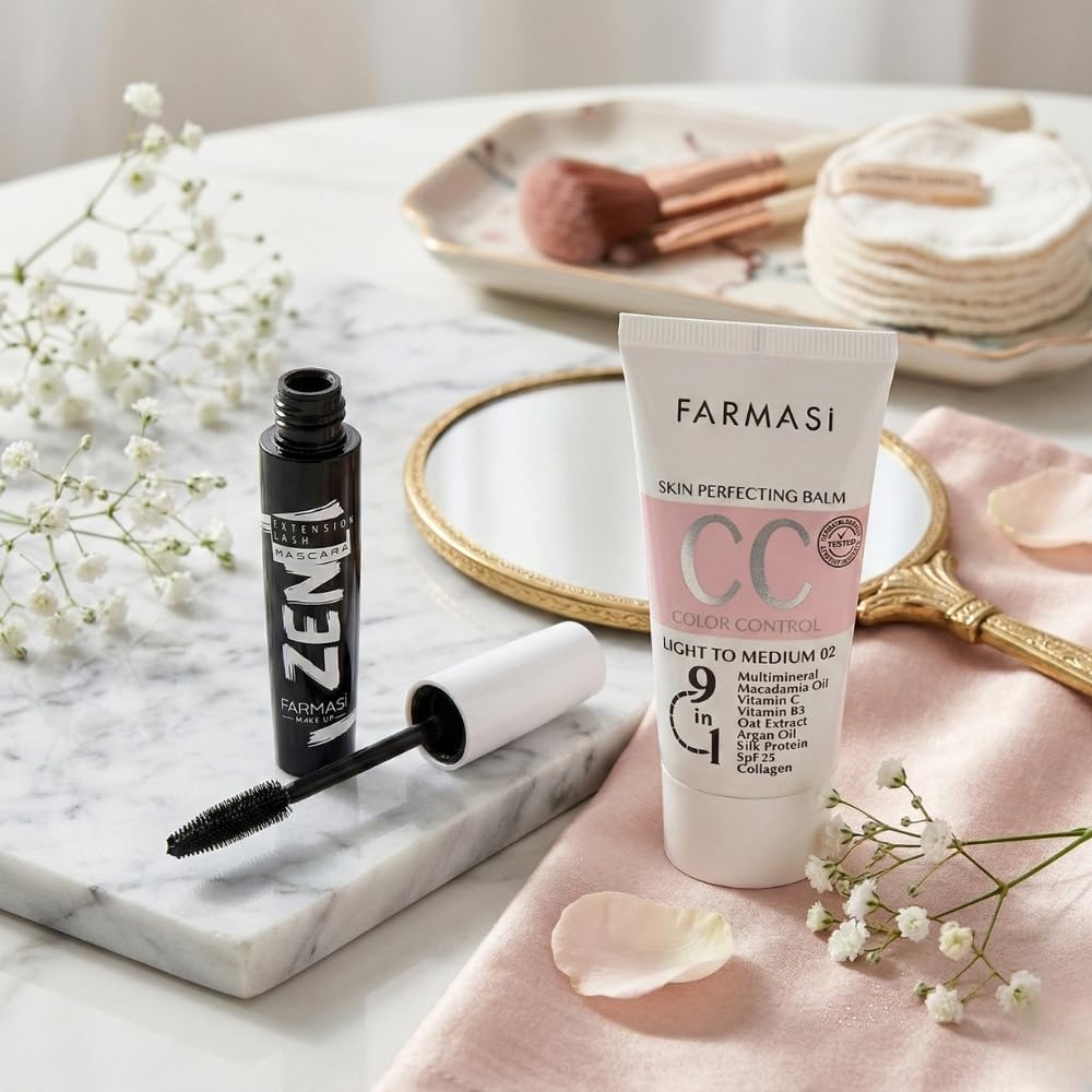 CC Cream & Zen Extension Lash Mascara Set | Color Correcting Skin Tint with SPF 25 - Light to Medium Shade, Natural Finish