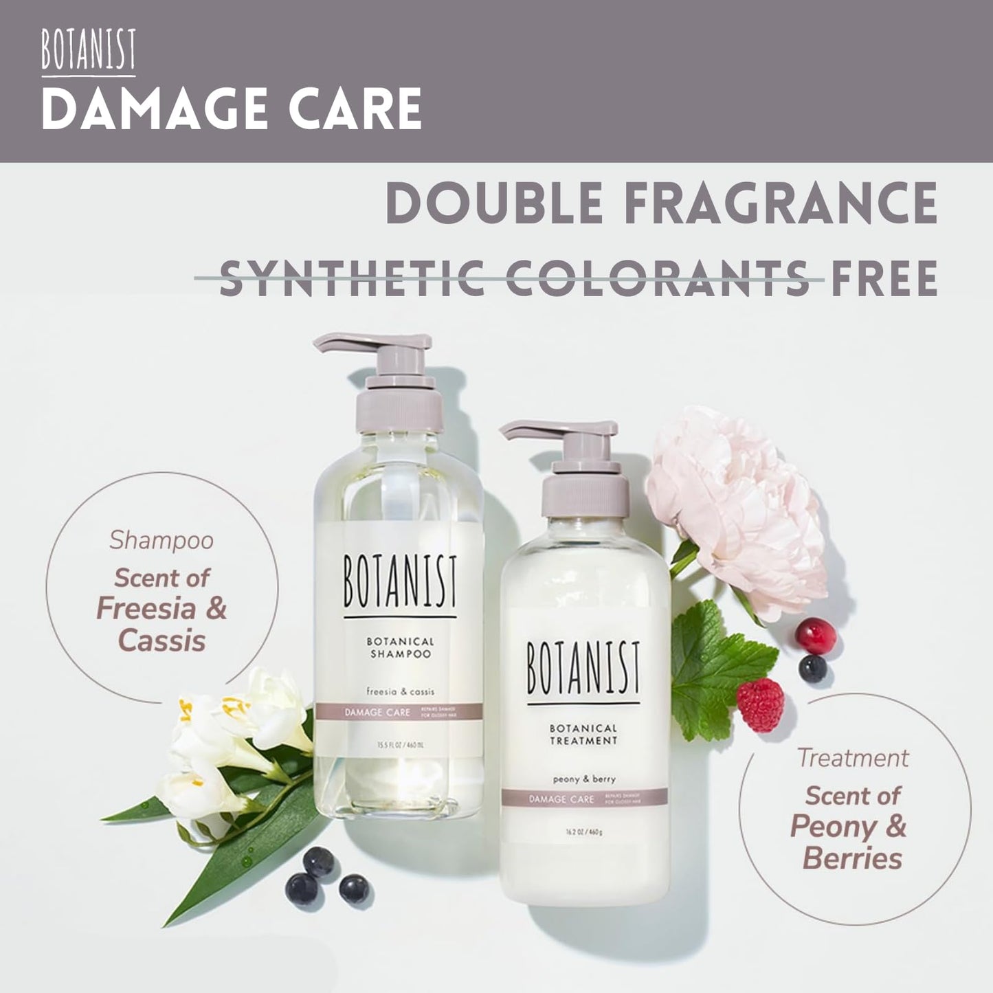 Botanist Sulfate Free Shampoo for Color Treated Hair, Organic Shampoo for Women & Men with Collagen, Ceramide, Keratin & Jojoba Seed Oil from Japan, Freesia & Cassis, DAMAGE CARE15.5 Fl Oz, 2EA