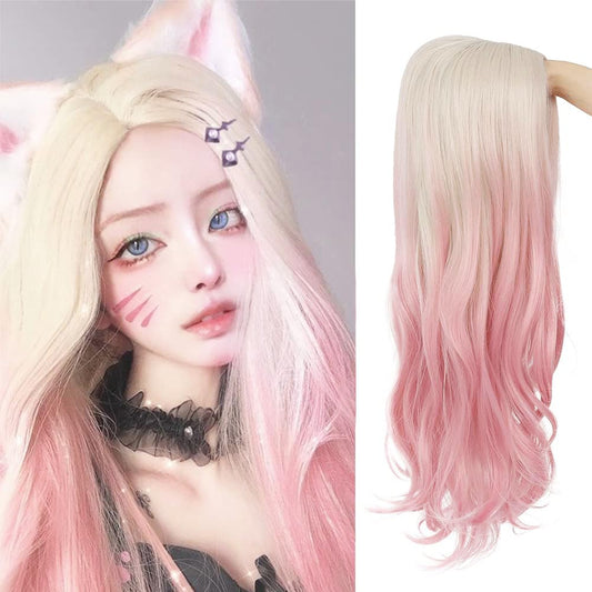 Dai Cloud Blonde to Pink Long Wavy Ombre Wig for Women Curly Heat Resistant Synthetic Halloween Cosplay Hair Wigs