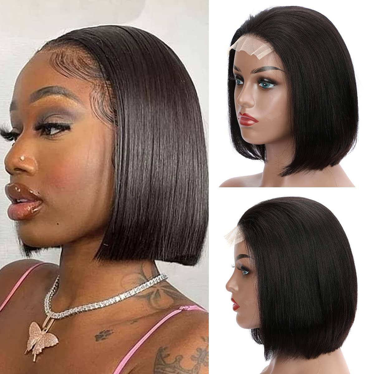 LICHANG 11 Inch 4x4 Lace Closure Bob Wigs Human Hair Wear And Go Straight Glueless Pre Plucked with Baby Hair for Black Women 180% Density