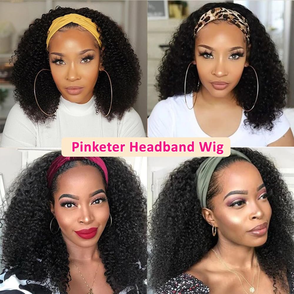Pinketer Kinky Curly Headband Wig Human Hair 150% Density None Lace Front Glueless Wigs for Black Women 12 Inch Machine Made Half Wig Natural Black Color