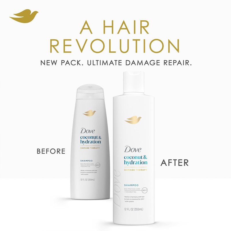 Dove Damage Therapy Shampoo 6-Pack, Coconut & Hydration, 24H Hydration for Revitalizing Dry, Damaged Hair, 12 Oz Ea