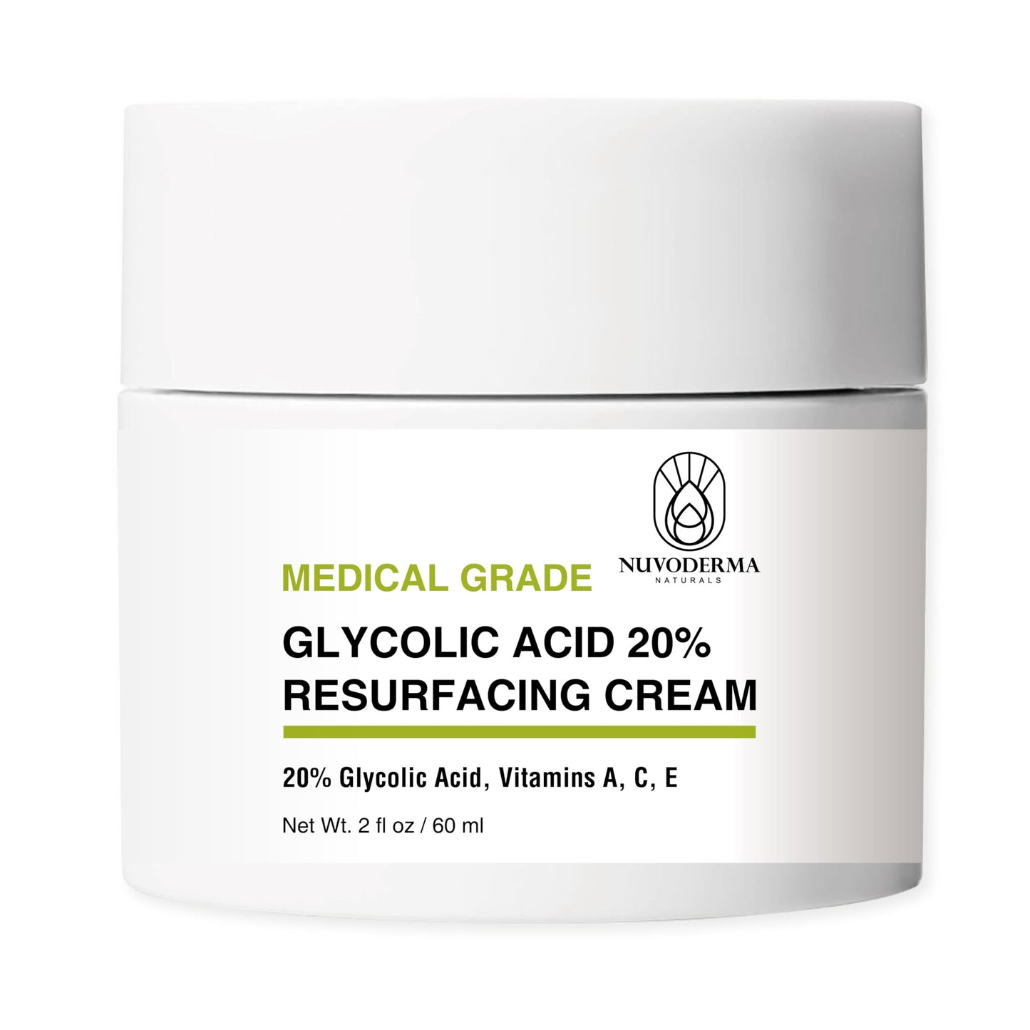 NUVODERMA Glycolic Acid Resurfacing Cream with Glycolic Acid 20%, Vitamins A, C & E – Anti-Wrinkle Face Moisturizer for Smooth Skin – Hydrating, Medical-Grade Exfoliator – 2 oz