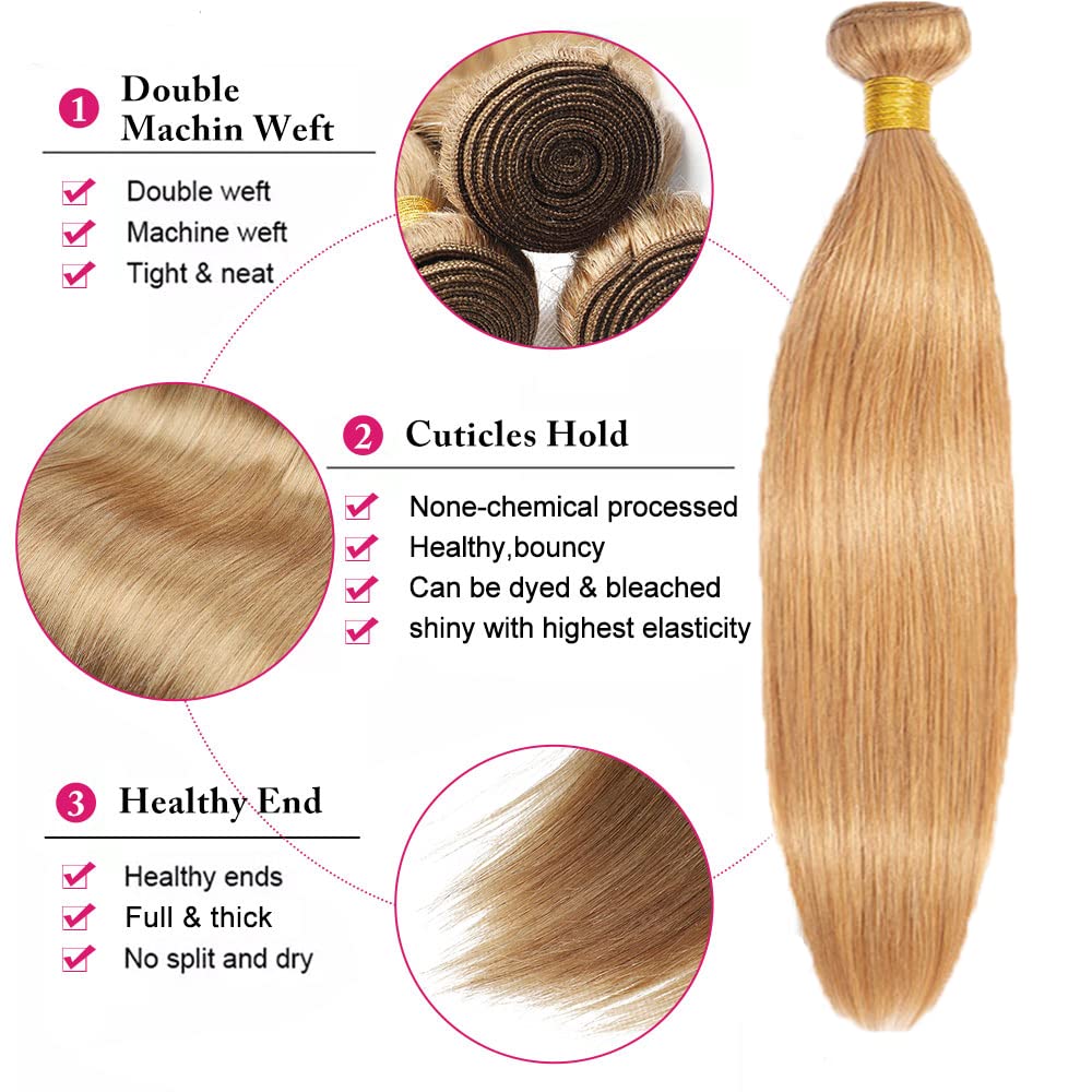 #27 Blonde Bundles Straight Bundles Human Hair 14 16 18 Inch FuivJuix Unprocessed Brazilian Virgin Hair Honey Blonde Straight Bundle Human Hair Extensions 3 Bundle 150 Gram