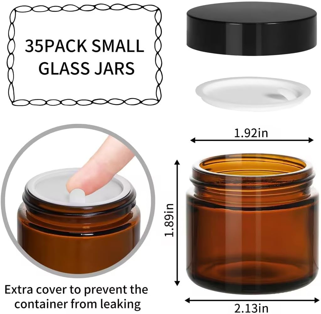KEYWING 2oz Amber Glass Cosmetic Jars - 35 Pack Round Containers with Black Lids for Creams, Lotions, and Powders