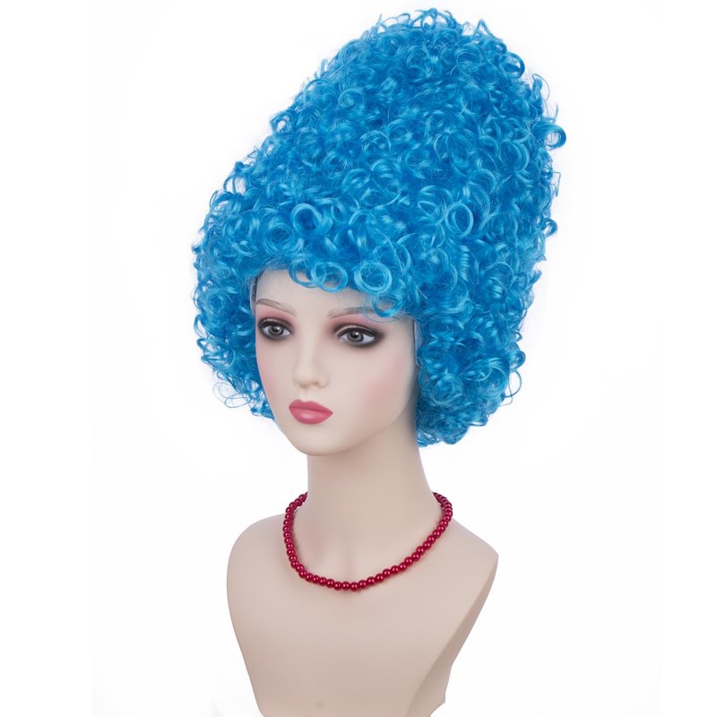PATTNIUM Blue Beehive Wig for Women Curly Blue Wig Costume Party Wigs with Red Necklace