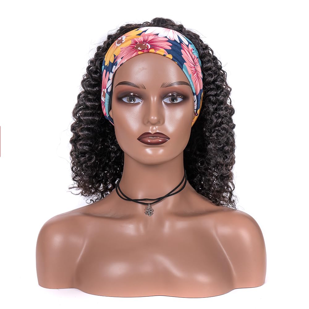 YANZIJF 14 Inch Headband Wig Human Hair Jerry Curly Headband Wigs for Black Women Glueless None Lace Front Wig Full Machine Made Curly Wave Headband Wigs Natural Color (curly Headband Wigs)