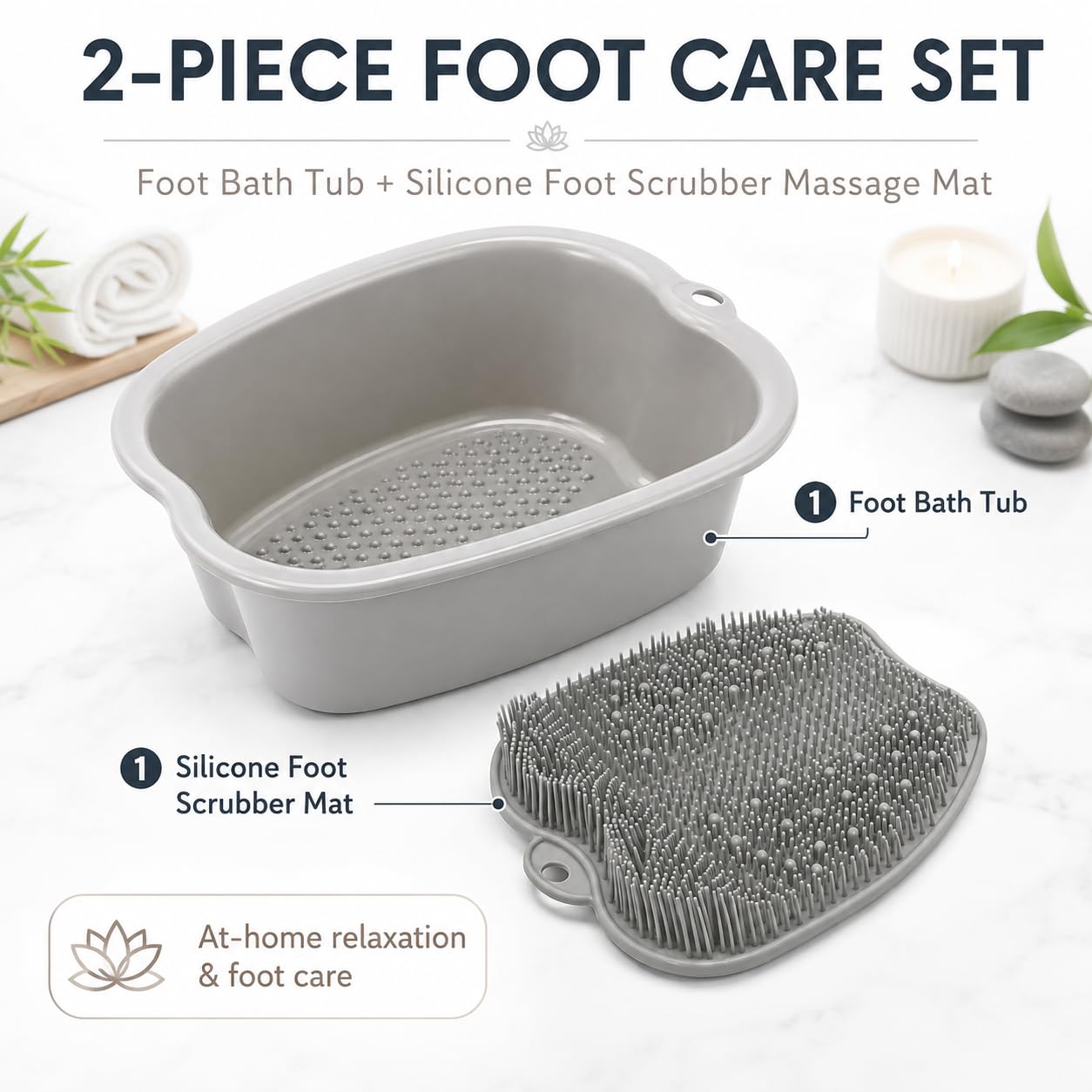 ZENVY Foot Bath Tub and Silicone Foot Scrubber Massage Mat Set for Soothing At-Home Relaxation (Foot Bath & Scrubber Mat)