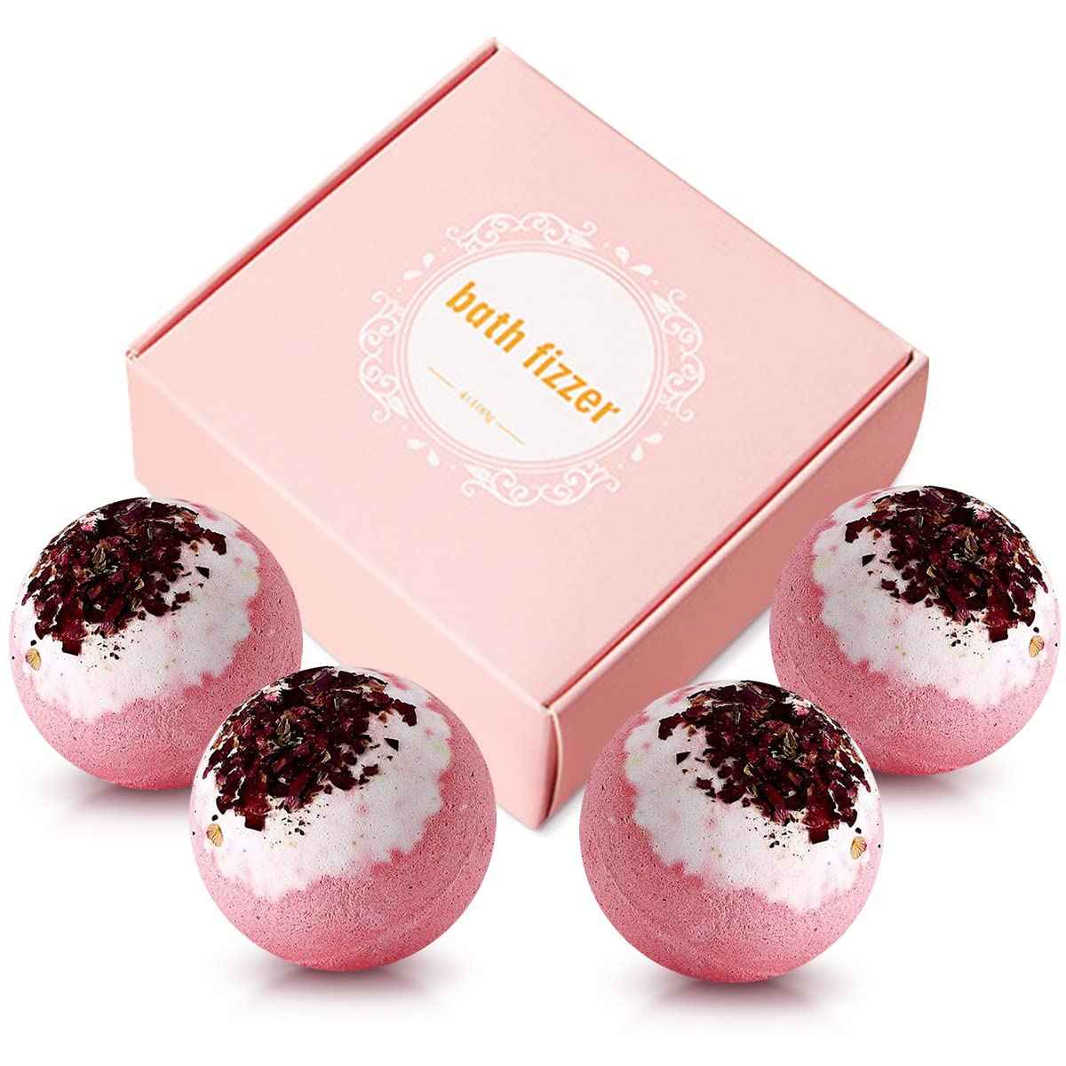 KASTU Dried Flower Bath Bombs Salt Balls,4-Pack Gift Set,Rose Extract Essential Oils,Moisturizing Dry Skin,Fizzy Spa,Relaxation,Self Care,Relaxing,Bubble Bath Bomb Gifts Idea for Men Women