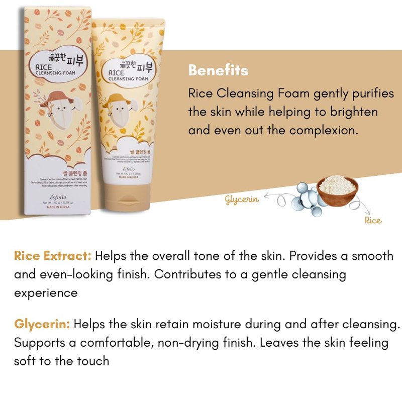 esfolio Rice Cleansing Foam Face Wash – Gentle Daily Facial Cleanser with Soft Creamy Foam – Suitable for All Skin Types – Helps Remove Dirt, Oil, and Impurities Without Drying (5.29oz -150g)