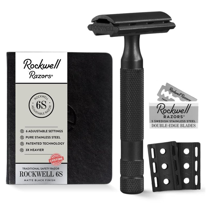 Rockwell Razors 6S Black Stainless Steel Safety Razor. Adjustable Single Blade Razor With 6 Shave Settings and 5 Recyclable Blades. Custom Shaves For Men and Women. Reduces Razor Burn and Irritation.
