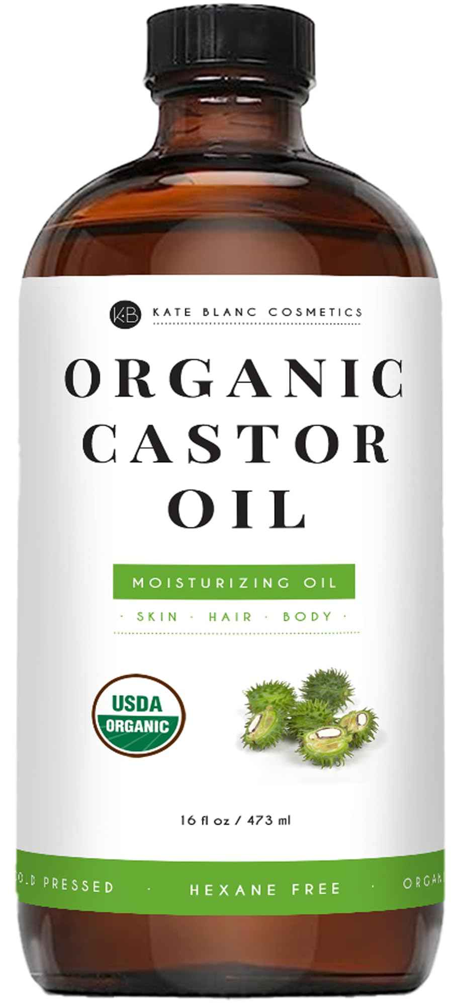 Kate Blanc Cosmetics Castor Oil for Face, Hair & Skin (16oz, Organic, Cold Pressed, Hexane-Free) Moisturizer for Eyelashes, Eyebrows, and Scalp