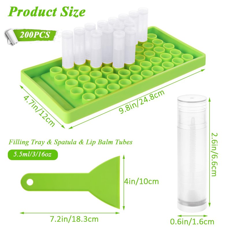 200PCS Lip Balm Tubes with Caps and Filling Tray and Spatula Set, Clear Lip Balm Container Tubes Empty Bulk for DIY Lipstick Homemade 3/16 Oz (5.5 ml)