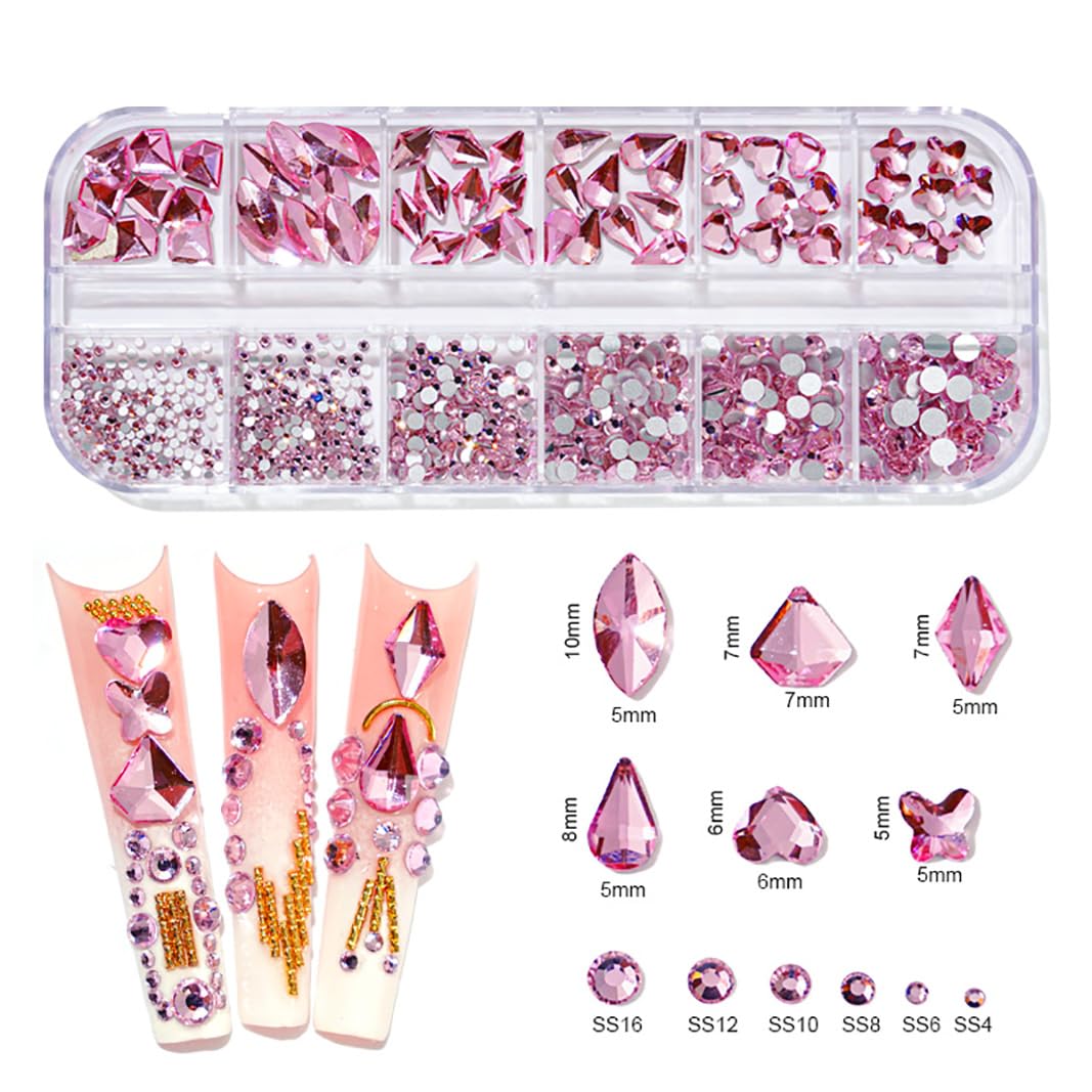 XEAOHESY 1620pcs Flat Back Pink Nail Rhinestones Rose AB Rhinestones for Nails Nail Crystal Rhinestones for Acrylic Nails Gems Glass Beads Stones for Nails