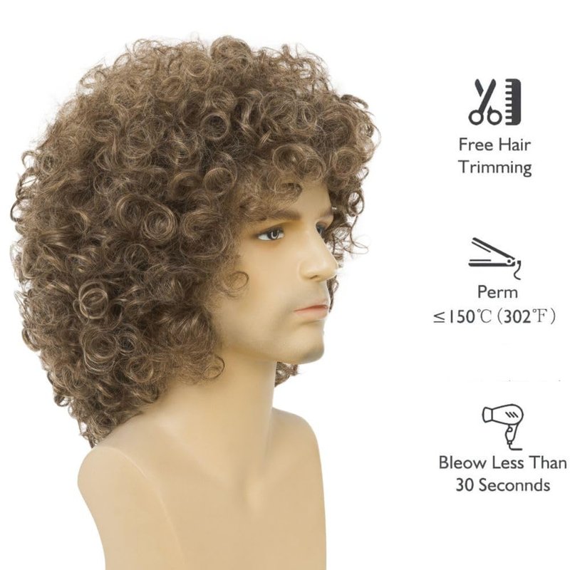 Salaibs Curly Brown Short Wigs for Men Natural Shaggy 80s Rocker Wig Synthetic Heat Resistant Hair Wig for Halloween Use