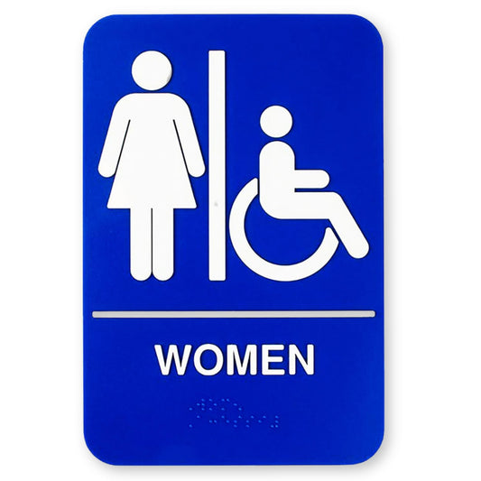 TableCraft 695630 Women Handicap Accessible Bathroom Sign, ADA Compliant with Braille, Raised Text and Symbols, Self-Adhesive, Polystyrene, 6" x 9", Black, 1-Pack