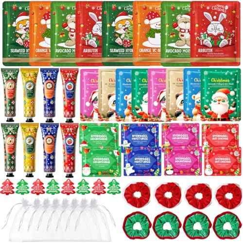 56PCS Christmas Spa Party Supplies,Christmas party Favors for Women, Facial Masks,Under Eye Patches,Hand Cream, Lip mask,Hair Band,Merry Christmas Tags and Organza Bags,Skincare Set, Home Spa Kit