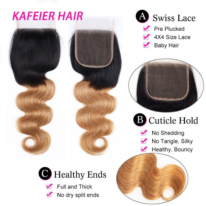 Body Wave 4x4 Closure - Pre Plucked Brazilian Human Hair Extensions | Ombre 20 Inch Curly Sew-In Weave