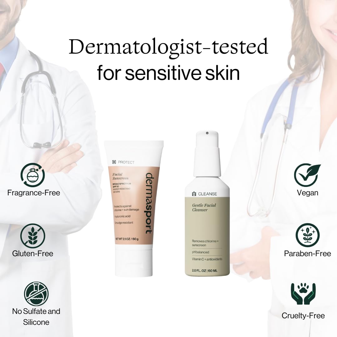 Dermasport Skin Care Set for Men and Women Athletes, SPF 50 Face Sunscreen + Gentle Cleanser, Daily Routine for Pre/Post Workout, Travel Kit, Sensitive Skin