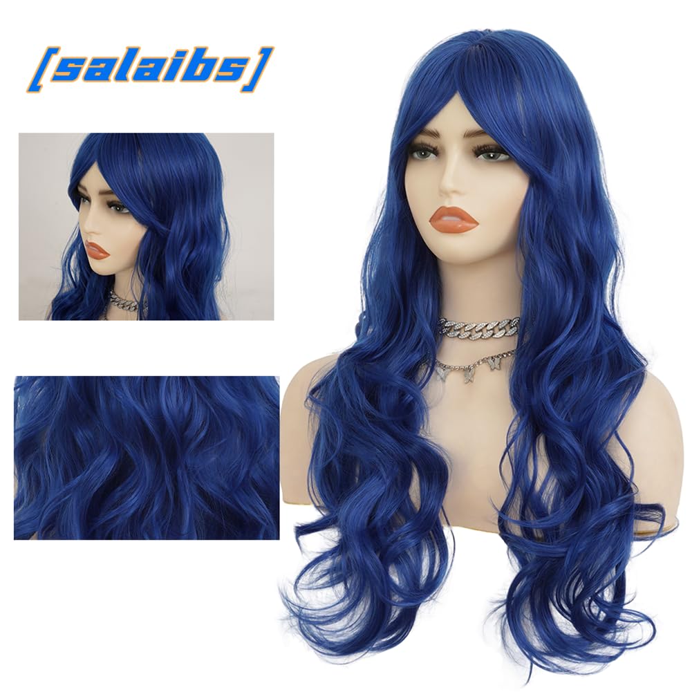 Salaibs Long Blue Curly Wavy Wig for Women Mermaid Wigs with Bangs Natural Looking for Daily Party Cosplay Halloween Use（Royal Blue）