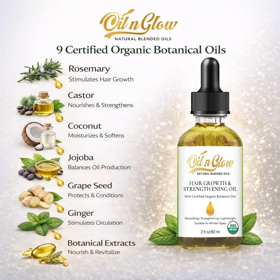 OilnGlow USDA Certified Organic 9 in 1 Natural Hair Serum for Hair Growth, & Strengthening With Rosemary Oil for Hair Growth, & Scalp DHT Blocker Peppermint Hair Oil Growth 2 FL