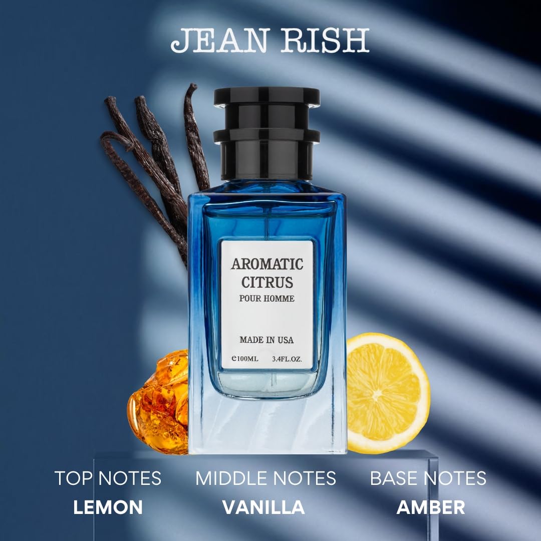 Jean Rish Aromatic Citrus Perfume for Men Eau De Parfum, Long-Lasting Luxury Fragrance, Made In USA - Lemon, Lavender, Vanilla, Amber Scent - 100ml / 3.4 oz