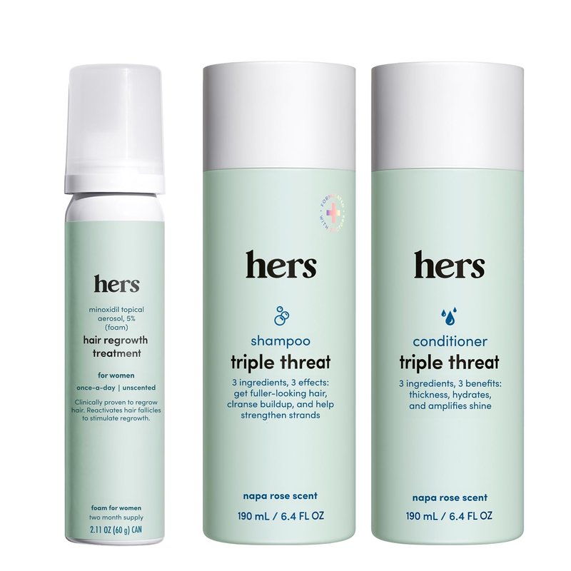 hers Triple Threat Shampoo, Conditioner, & Minoxidil Set - Includes 5% Minoxidil Foam Solution - Hair Thickening & Strengthening Formula - Paraben-Free, Vegan, Color-Safe - 3 Count