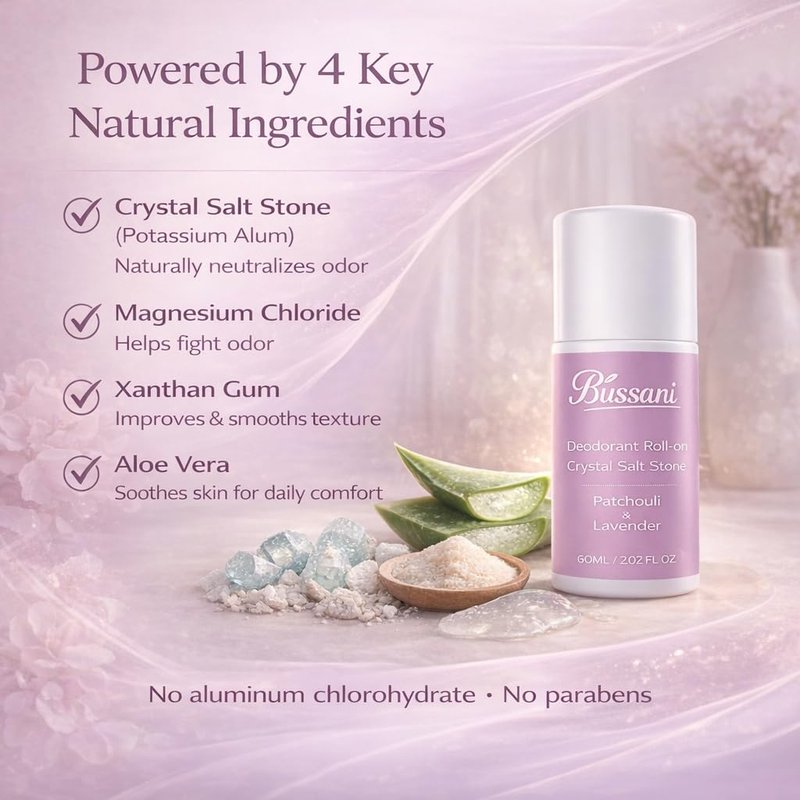 Bussani Women's Roll-On Deodorant | Salt Stone Formula, Long-Lasting & Aluminum-Free | 24-Hour Odor Protection | Gifts for Her ֻ| Fragrance: Lavender Patchouli Scent, 2.02 fl oz, Pack of 3