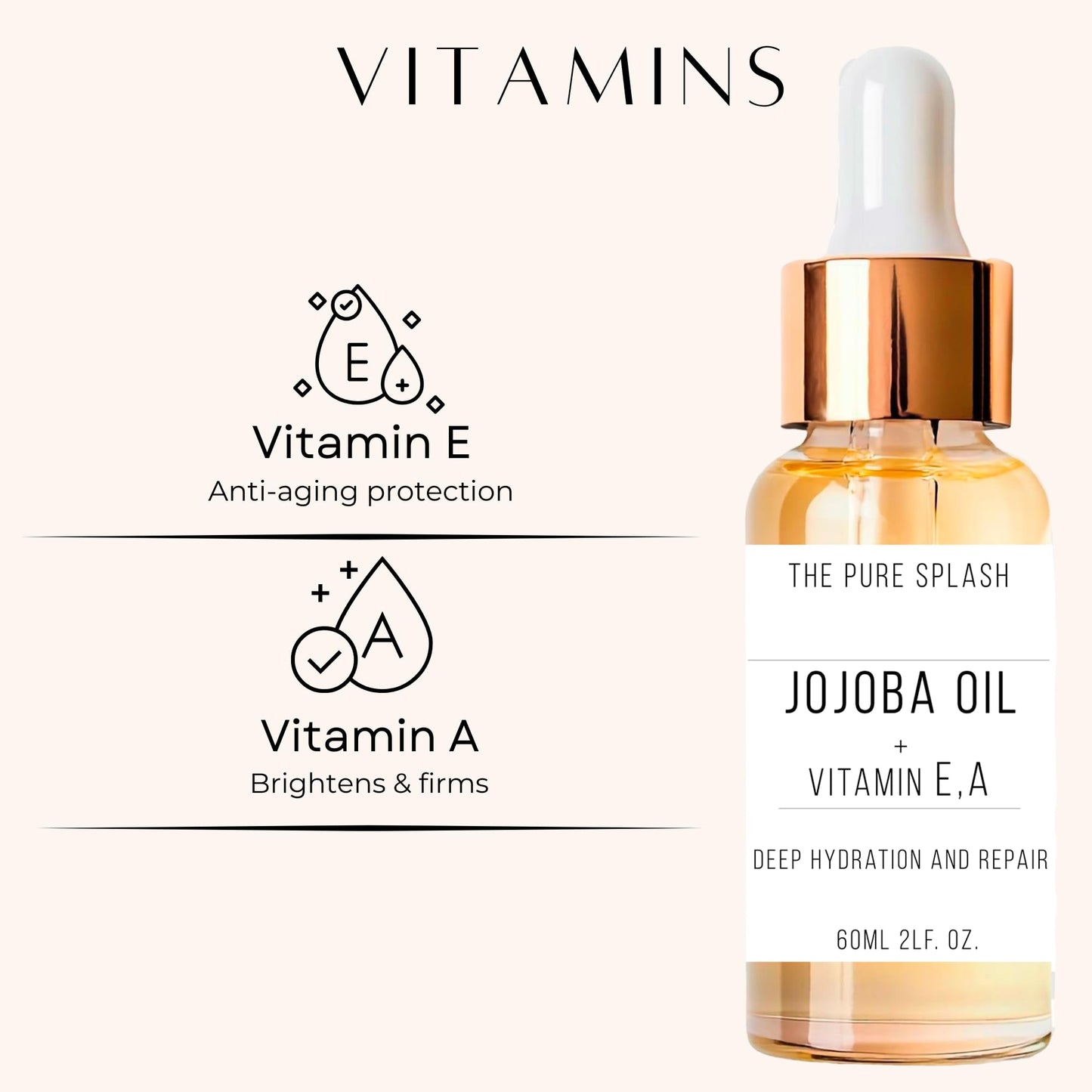 THE PURE SPLASH Jojoba Oil with Vitamins A and E – Deep Hydration & Repair | Lightweight, Non-Greasy Face and Body Oil | Antioxidant-Rich Skincare for Soft, Radiant Skin | 60ml