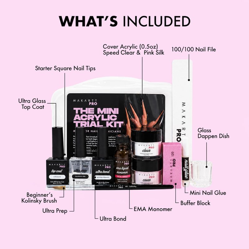 MakarttPro Mini Acrylic Nail Kit for Beginner Nail Technicians 12pcs - Starter Set with Pink & Clear Acrylic Powders, EMA Monomer, Kolinsky Brush and Nail Essentials
